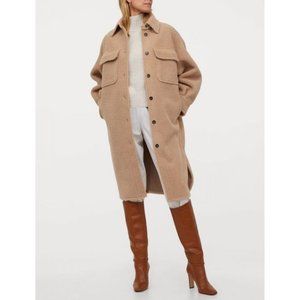 H&M Long Faux Shearling Shirt Jacket Shacket Teddy Sherpa Coat in Beige